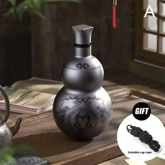 Portable Wukong Gourd Water Bottle – 500ml Stainless Steel (Dark Silver)