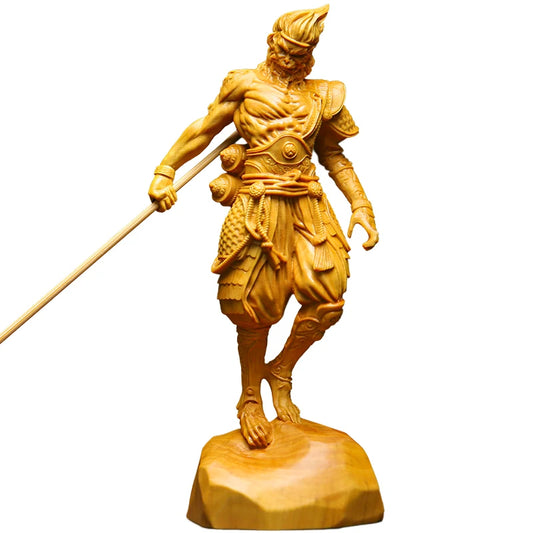 Figura de Sun Wukong de madera tallada a mano y pintada de oro