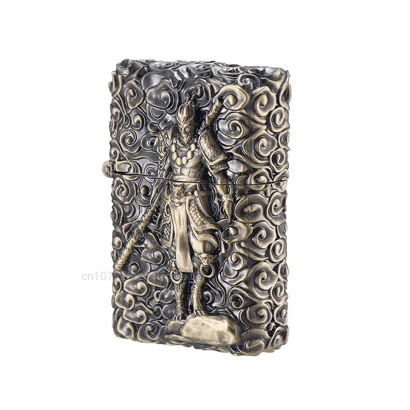 Black Myth Wukong Antique Brass Metal Kerosene Lighter with Sun Wukong Relief