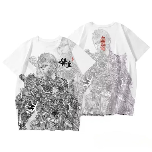 Black Myth Wukong Warrior Line Art T-Shirt White