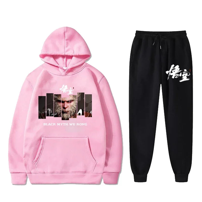 Black Myth: Wukong Pink Hoodie and Black Pants Set