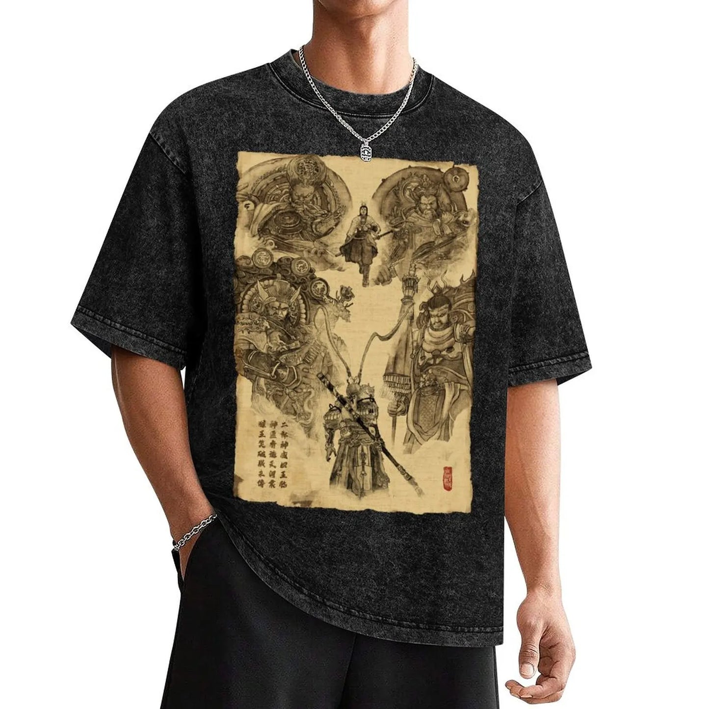 Black Myth: Wukong Erlang and Four Heavenly Kings Black T-Shirt