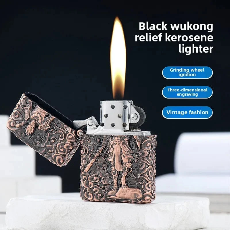 Black Myth Wukong Antique Brass Metal Kerosene Lighter with Sun Wukong Relief